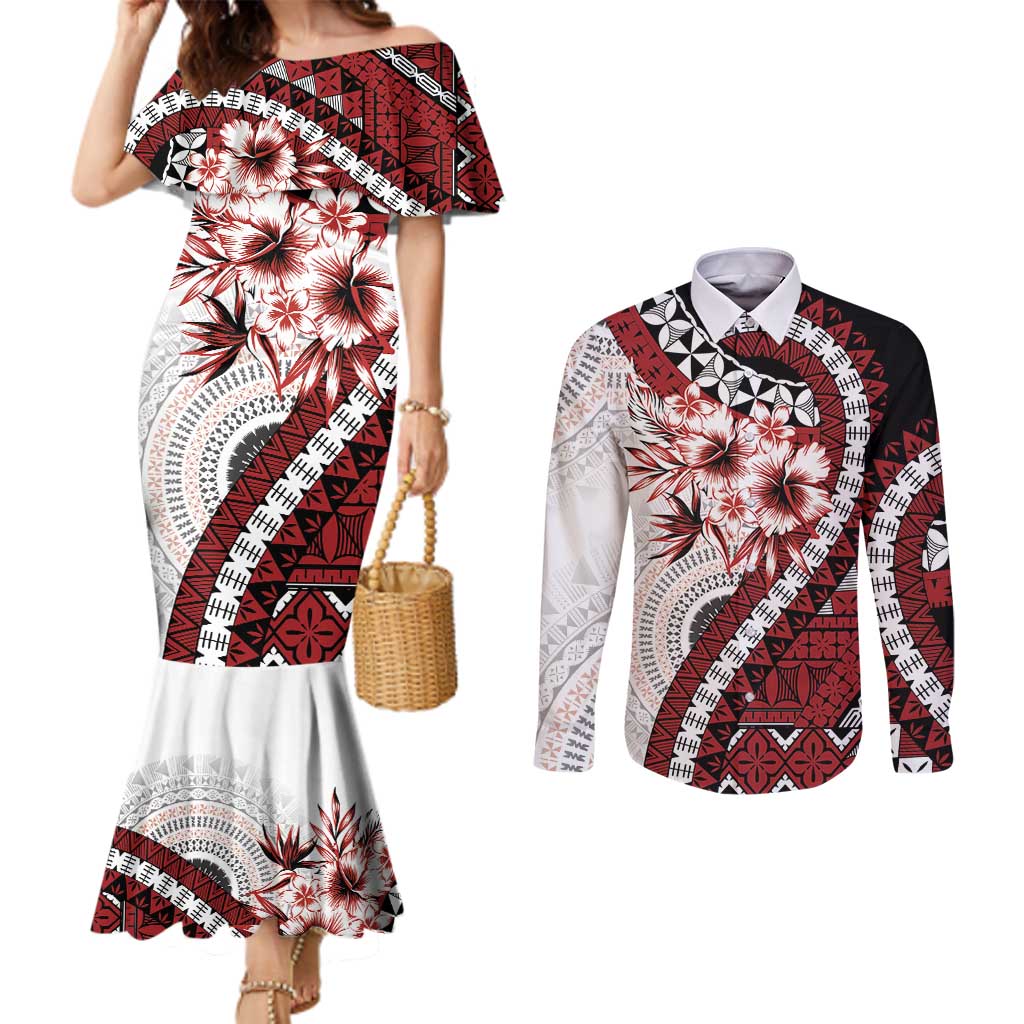 Bula Fiji Couples Matching Mermaid Dress and Long Sleeve Button Shirt White Kaivity Masi Tapa