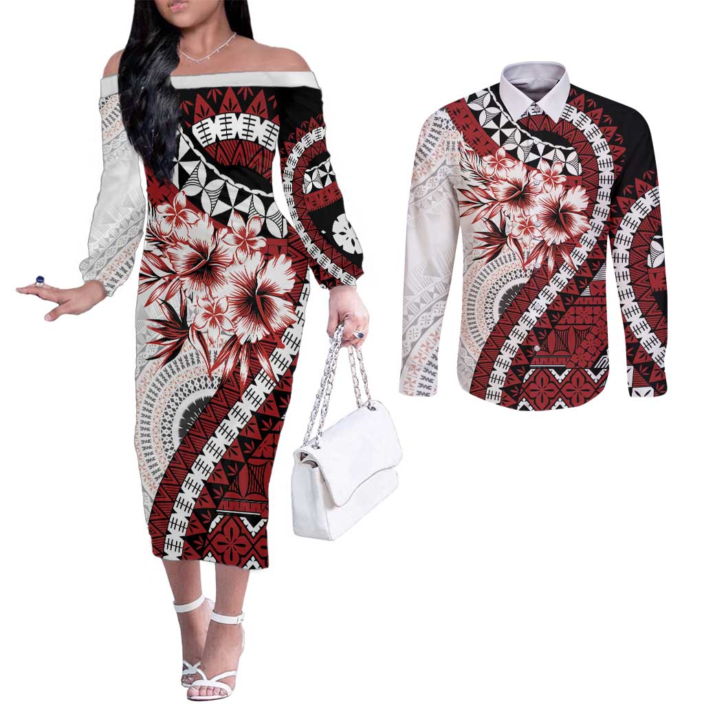 Bula Fiji Couples Matching Off The Shoulder Long Sleeve Dress and Long Sleeve Button Shirt White Kaivity Masi Tapa