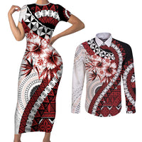 Bula Fiji Couples Matching Short Sleeve Bodycon Dress and Long Sleeve Button Shirt White Kaivity Masi Tapa LT7 White - Polynesian Pride