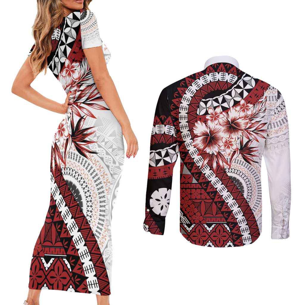 Bula Fiji Couples Matching Short Sleeve Bodycon Dress and Long Sleeve Button Shirt White Kaivity Masi Tapa LT7 - Polynesian Pride