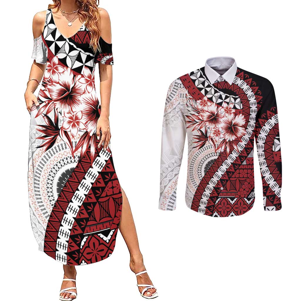 Bula Fiji Couples Matching Summer Maxi Dress and Long Sleeve Button Shirt White Kaivity Masi Tapa