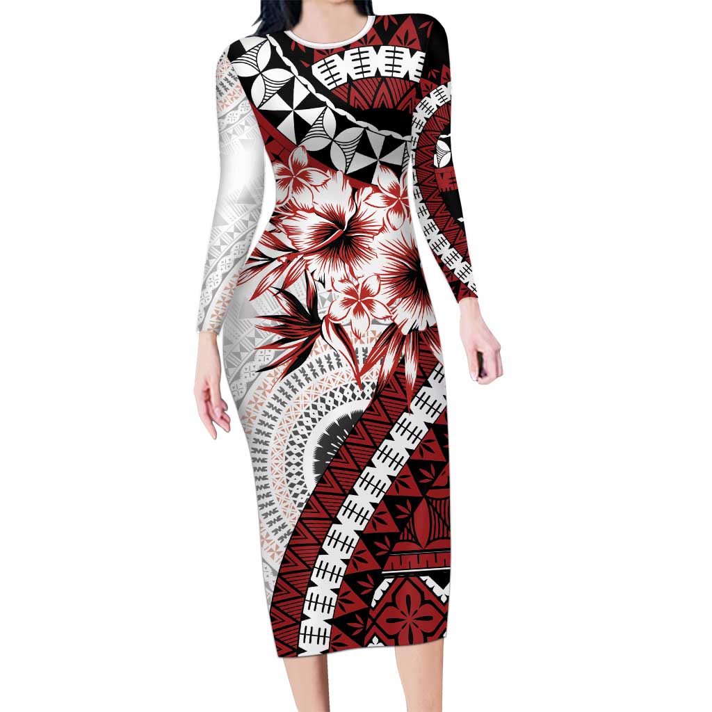 Bula Fiji Family Matching Long Sleeve Bodycon Dress and Hawaiian Shirt White Kaivity Masi Tapa LT7 Mom's Dress White - Polynesian Pride