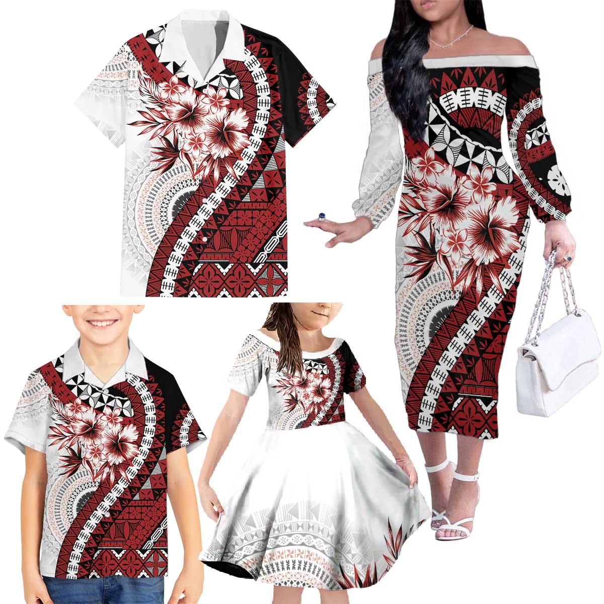 Bula Fiji Family Matching Off The Shoulder Long Sleeve Dress and Hawaiian Shirt White Kaivity Masi Tapa LT7 - Polynesian Pride