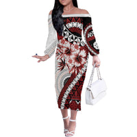 Bula Fiji Family Matching Off The Shoulder Long Sleeve Dress and Hawaiian Shirt White Kaivity Masi Tapa LT7 Mom's Dress White - Polynesian Pride