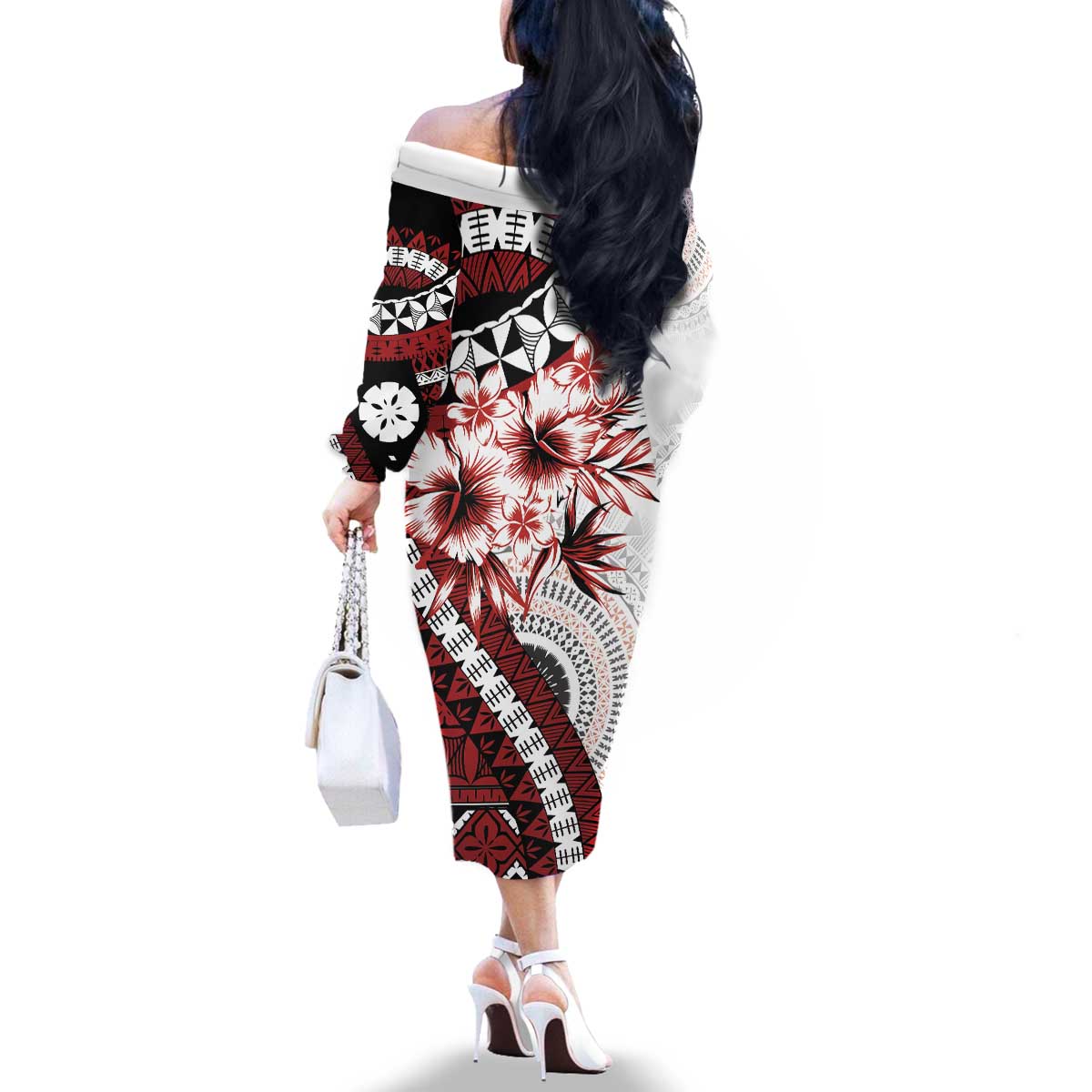 Bula Fiji Family Matching Off The Shoulder Long Sleeve Dress and Hawaiian Shirt White Kaivity Masi Tapa LT7 - Polynesian Pride