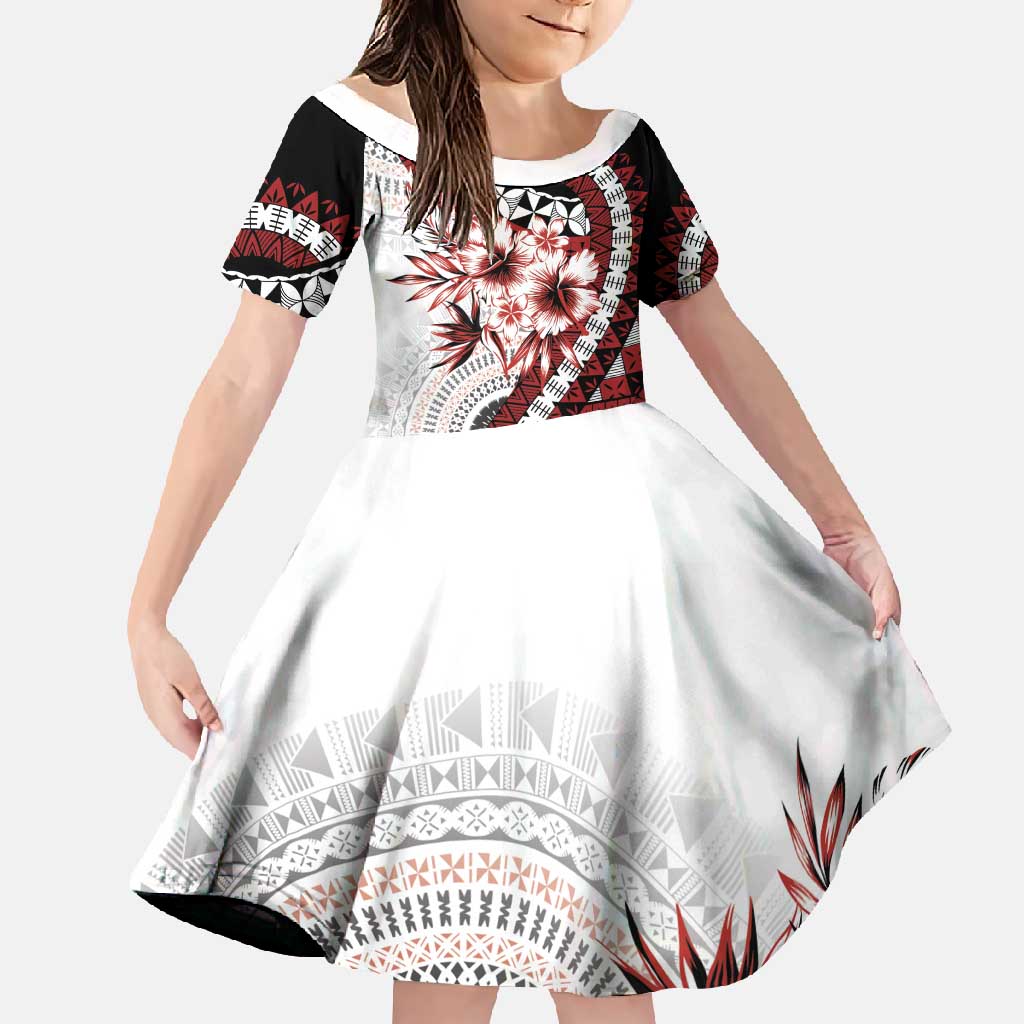 Bula Fiji Family Matching Off Shoulder Maxi Dress and Hawaiian Shirt White Kaivity Masi Tapa LT7 Daughter's Dress White - Polynesian Pride