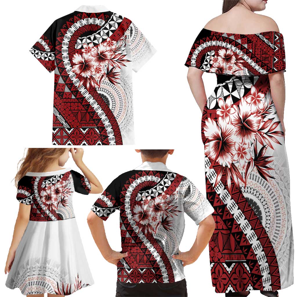 Bula Fiji Family Matching Off Shoulder Maxi Dress and Hawaiian Shirt White Kaivity Masi Tapa LT7 - Polynesian Pride