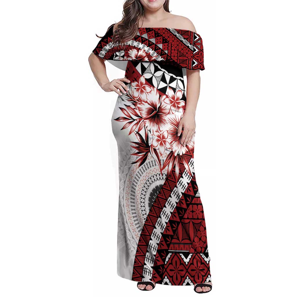 Bula Fiji Family Matching Off Shoulder Maxi Dress and Hawaiian Shirt White Kaivity Masi Tapa LT7 Mom's Dress White - Polynesian Pride