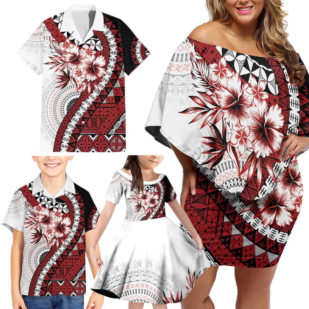 Bula Fiji Family Matching Off Shoulder Short Dress and Hawaiian Shirt White Kaivity Masi Tapa LT7 - Polynesian Pride
