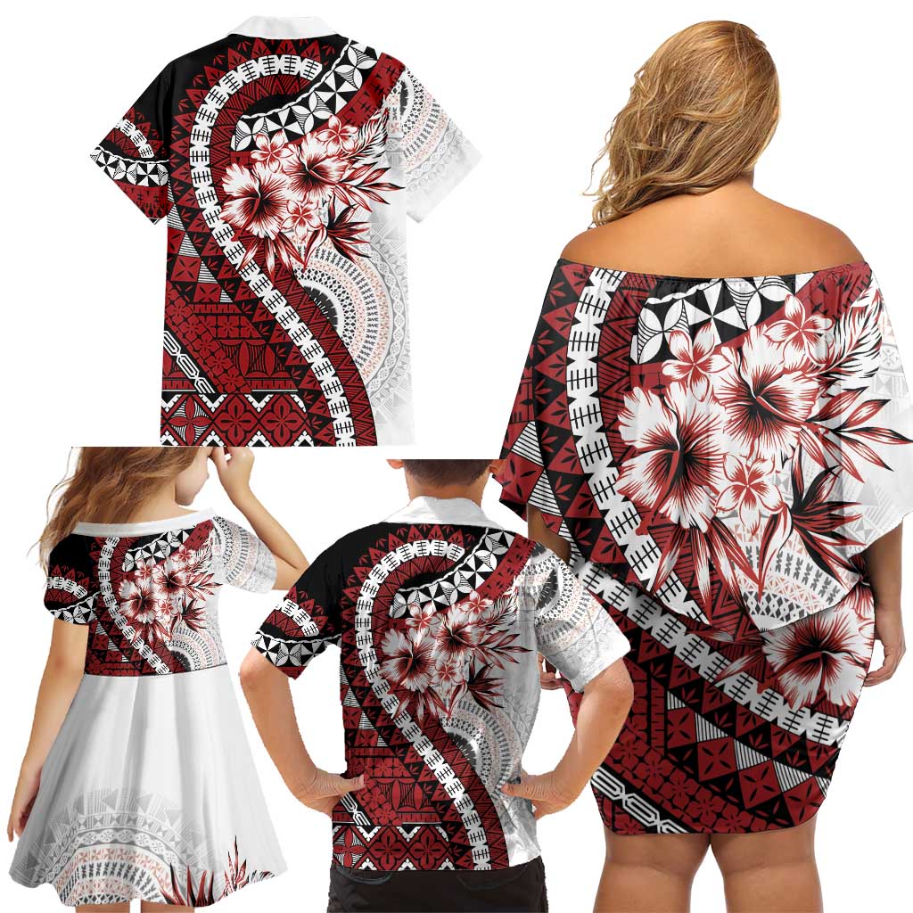 Bula Fiji Family Matching Off Shoulder Short Dress and Hawaiian Shirt White Kaivity Masi Tapa LT7 - Polynesian Pride