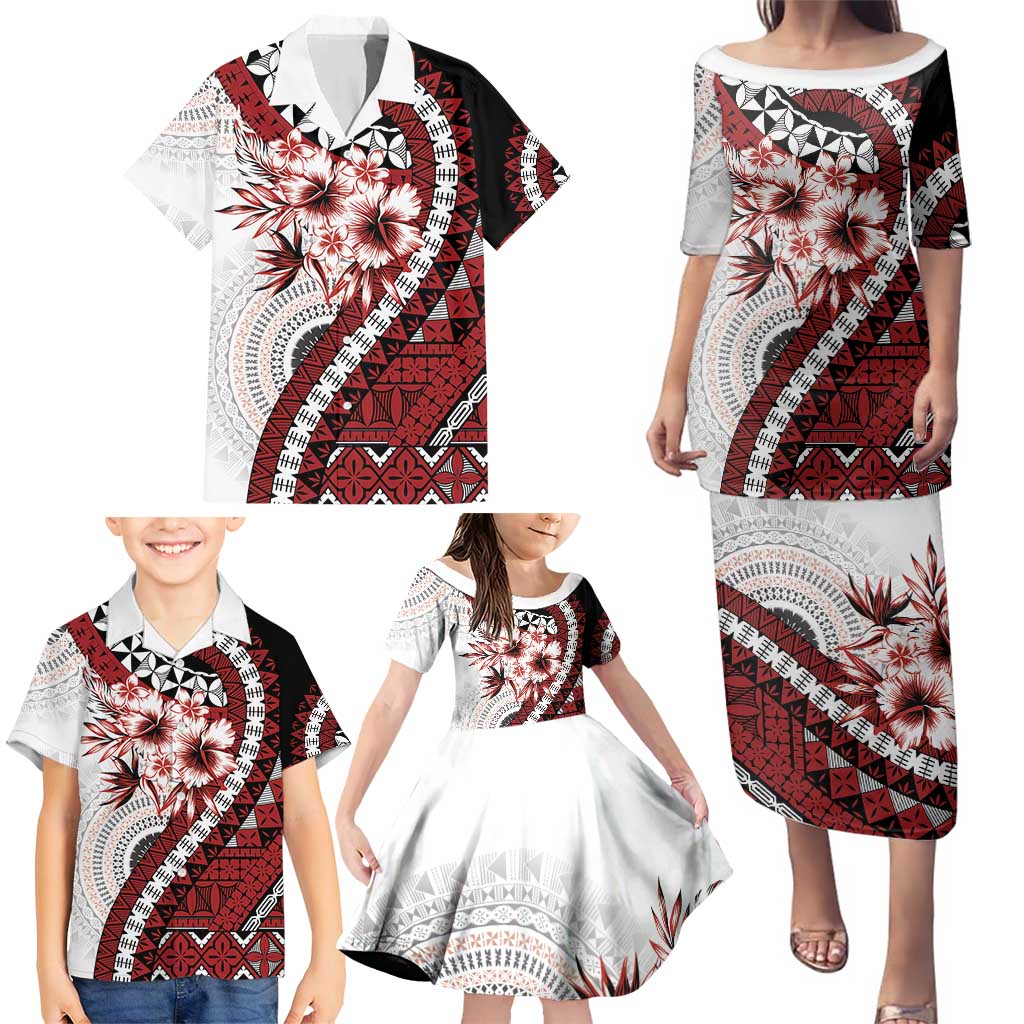 Bula Fiji Family Matching Puletasi and Hawaiian Shirt White Kaivity Masi Tapa
