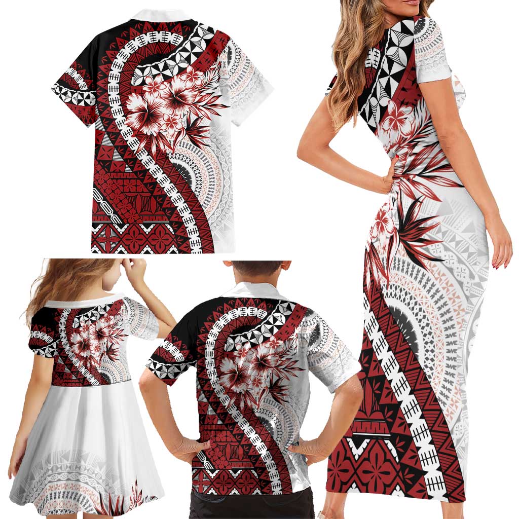 Bula Fiji Family Matching Short Sleeve Bodycon Dress and Hawaiian Shirt White Kaivity Masi Tapa LT7 - Polynesian Pride