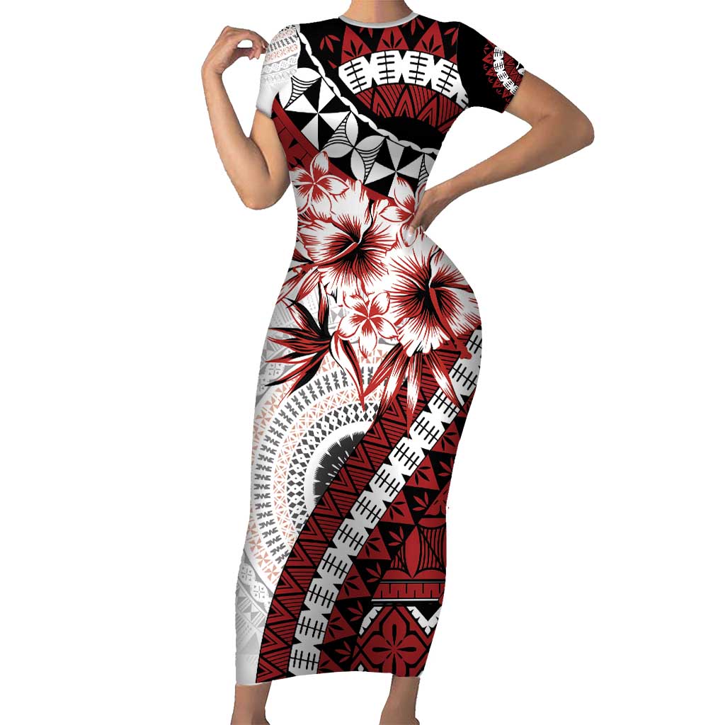 Bula Fiji Family Matching Short Sleeve Bodycon Dress and Hawaiian Shirt White Kaivity Masi Tapa LT7 Mom's Dress White - Polynesian Pride