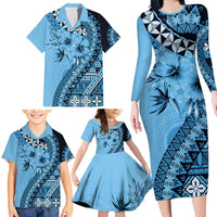 Bula Fiji Family Matching Long Sleeve Bodycon Dress and Hawaiian Shirt Turquoise Kaivity Masi Tapa LT7 - Polynesian Pride