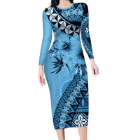 Bula Fiji Family Matching Long Sleeve Bodycon Dress and Hawaiian Shirt Turquoise Kaivity Masi Tapa LT7 Mom's Dress Turquoise - Polynesian Pride