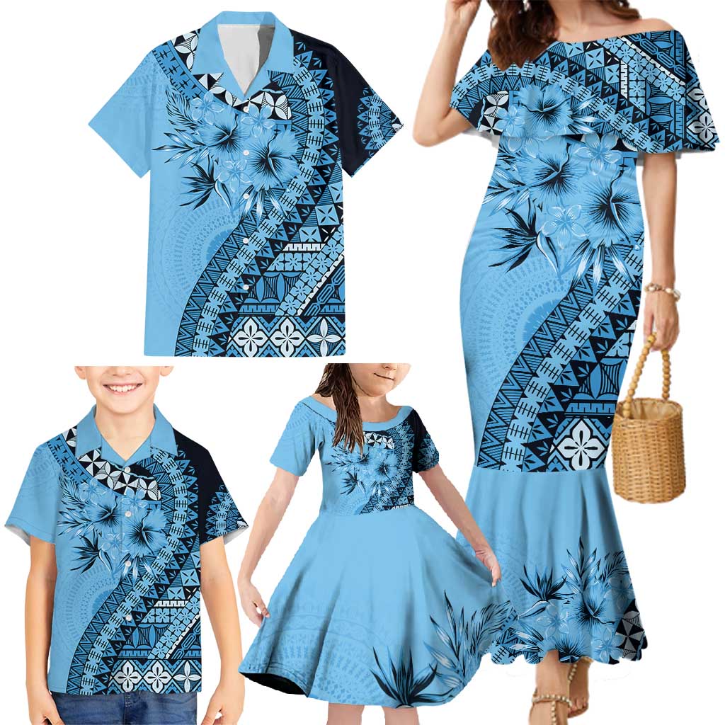 Bula Fiji Family Matching Mermaid Dress and Hawaiian Shirt Turquoise Kaivity Masi Tapa LT7 - Polynesian Pride