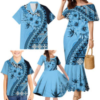Bula Fiji Family Matching Mermaid Dress and Hawaiian Shirt Turquoise Kaivity Masi Tapa LT7 - Polynesian Pride