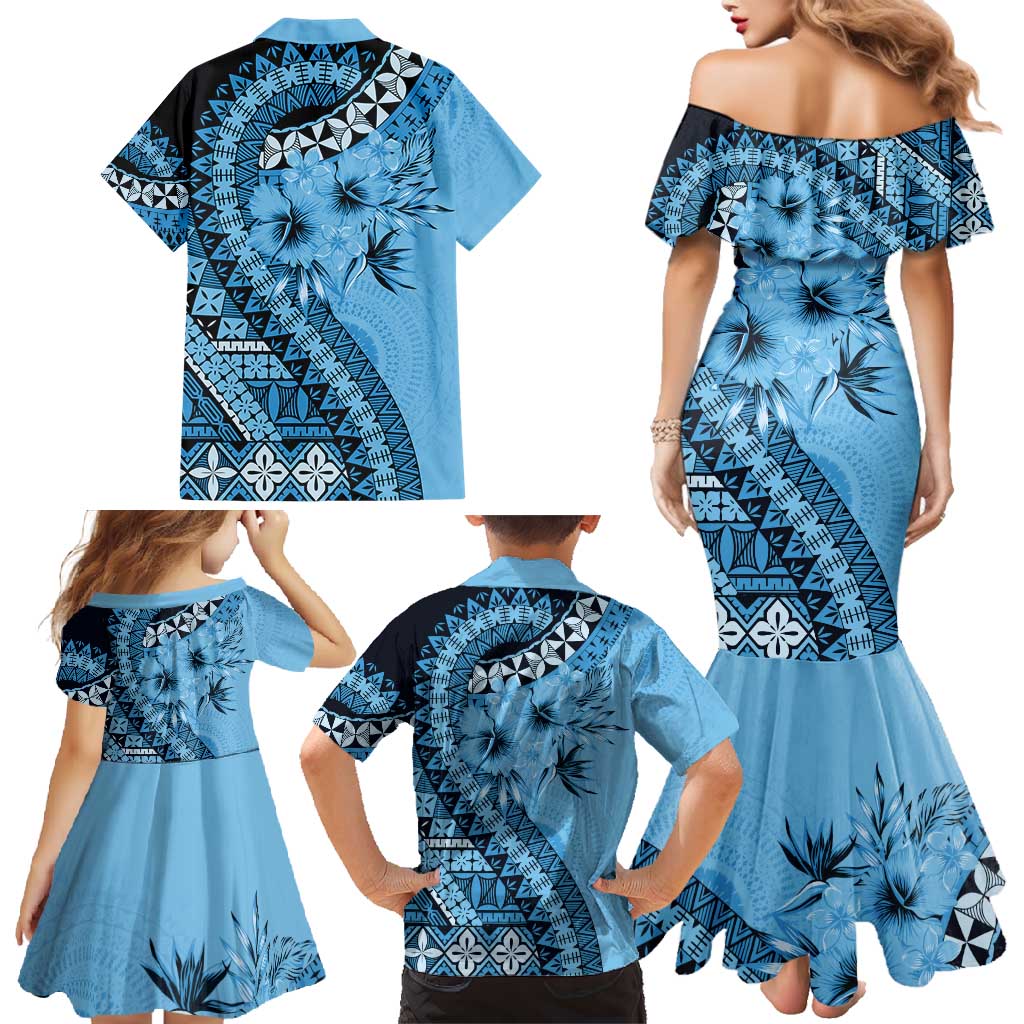 Bula Fiji Family Matching Mermaid Dress and Hawaiian Shirt Turquoise Kaivity Masi Tapa LT7 - Polynesian Pride