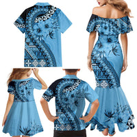 Bula Fiji Family Matching Mermaid Dress and Hawaiian Shirt Turquoise Kaivity Masi Tapa LT7 - Polynesian Pride