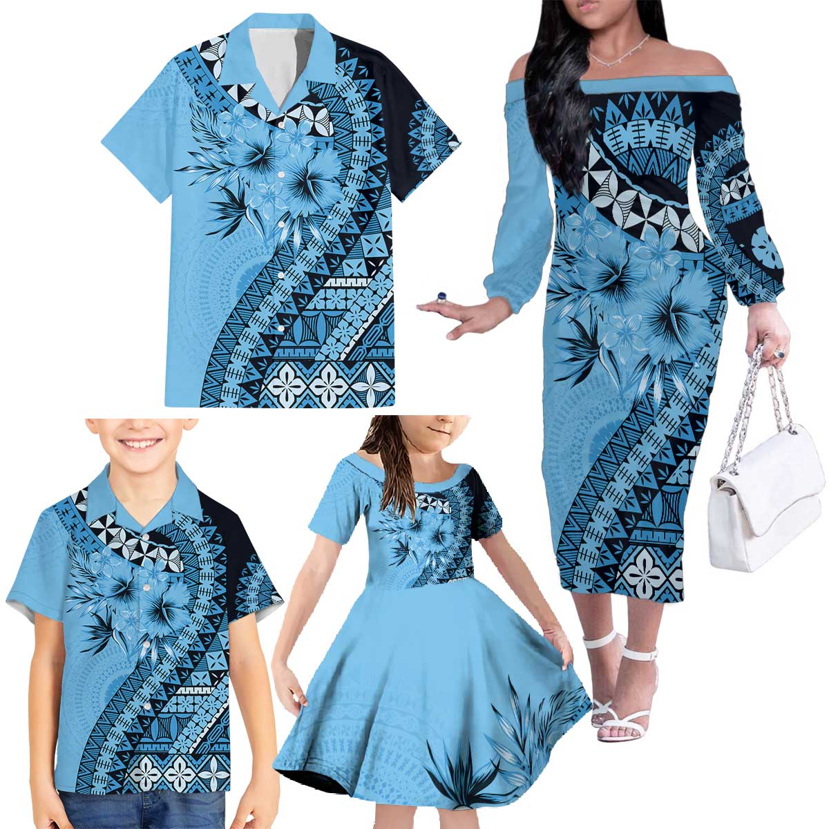 Bula Fiji Family Matching Off The Shoulder Long Sleeve Dress and Hawaiian Shirt Turquoise Kaivity Masi Tapa LT7 - Polynesian Pride