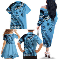 Bula Fiji Family Matching Off The Shoulder Long Sleeve Dress and Hawaiian Shirt Turquoise Kaivity Masi Tapa LT7 - Polynesian Pride