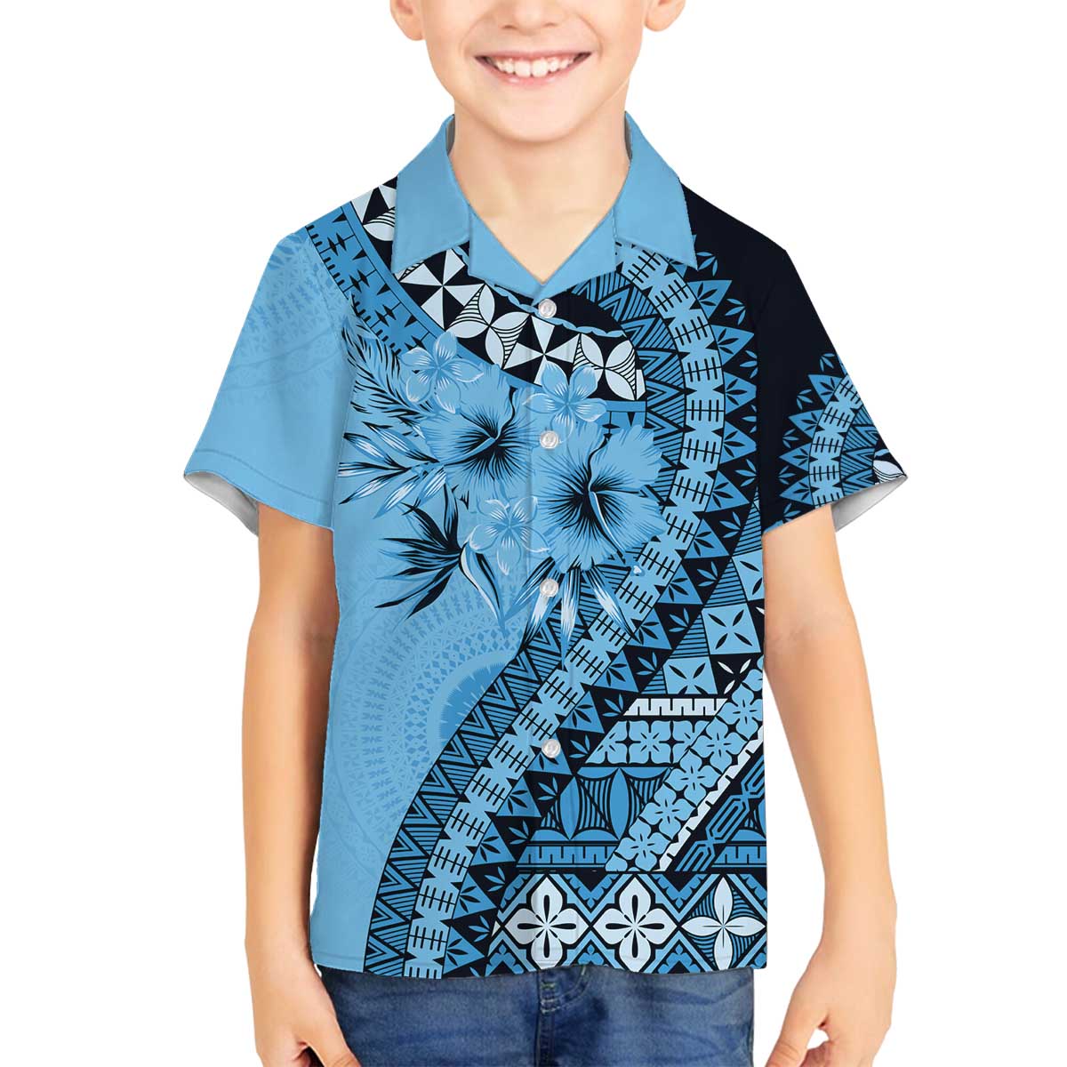 Bula Fiji Family Matching Off The Shoulder Long Sleeve Dress and Hawaiian Shirt Turquoise Kaivity Masi Tapa LT7 Son's Shirt Turquoise - Polynesian Pride