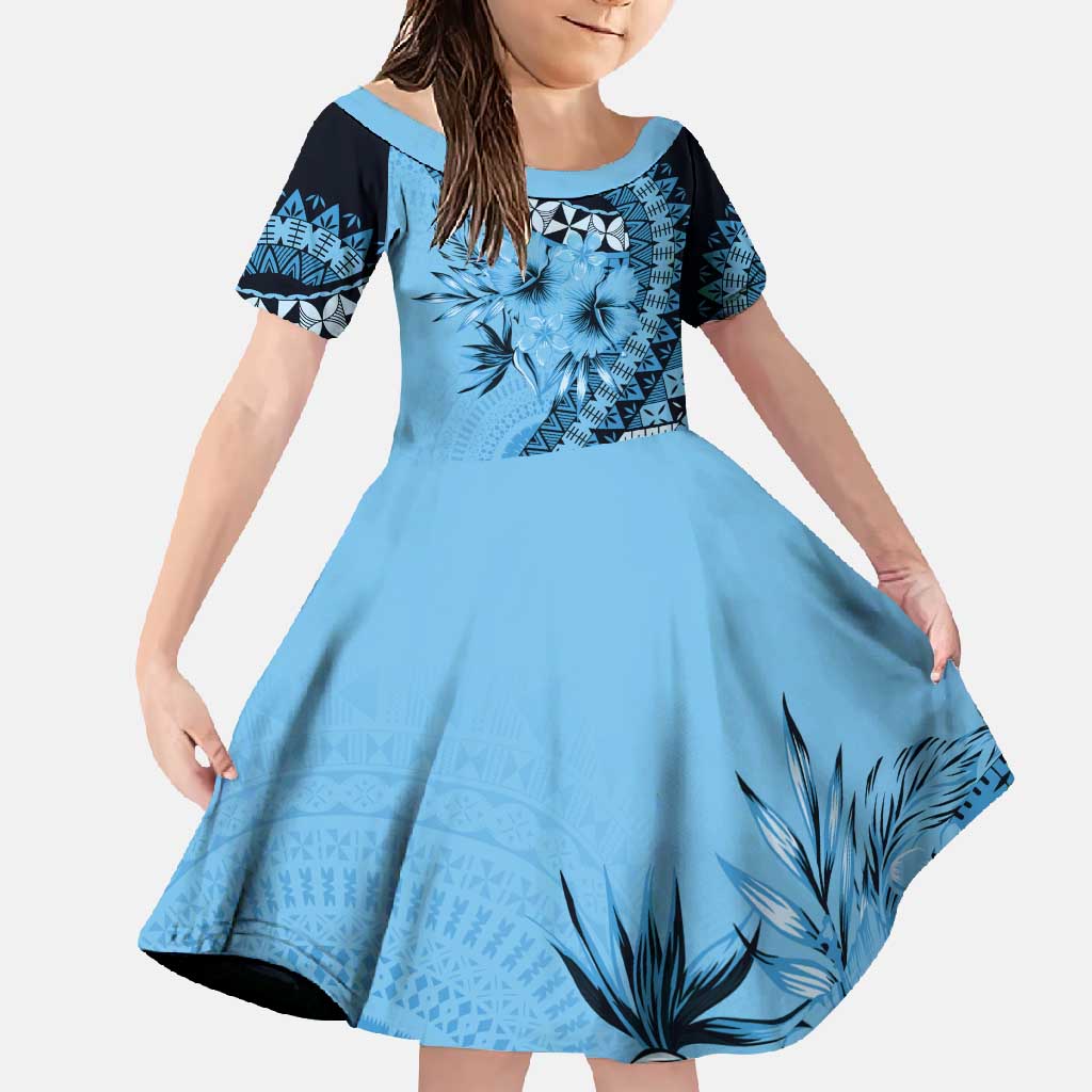 Bula Fiji Family Matching Off Shoulder Maxi Dress and Hawaiian Shirt Turquoise Kaivity Masi Tapa LT7 Daughter's Dress Turquoise - Polynesian Pride