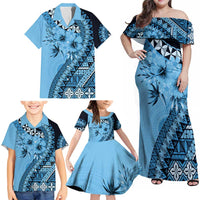 Bula Fiji Family Matching Off Shoulder Maxi Dress and Hawaiian Shirt Turquoise Kaivity Masi Tapa LT7 - Polynesian Pride