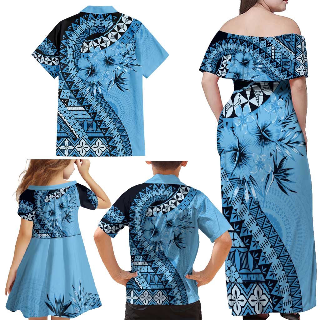 Bula Fiji Family Matching Off Shoulder Maxi Dress and Hawaiian Shirt Turquoise Kaivity Masi Tapa LT7 - Polynesian Pride