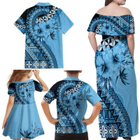 Bula Fiji Family Matching Off Shoulder Maxi Dress and Hawaiian Shirt Turquoise Kaivity Masi Tapa LT7 - Polynesian Pride
