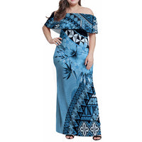 Bula Fiji Family Matching Off Shoulder Maxi Dress and Hawaiian Shirt Turquoise Kaivity Masi Tapa LT7 Mom's Dress Turquoise - Polynesian Pride