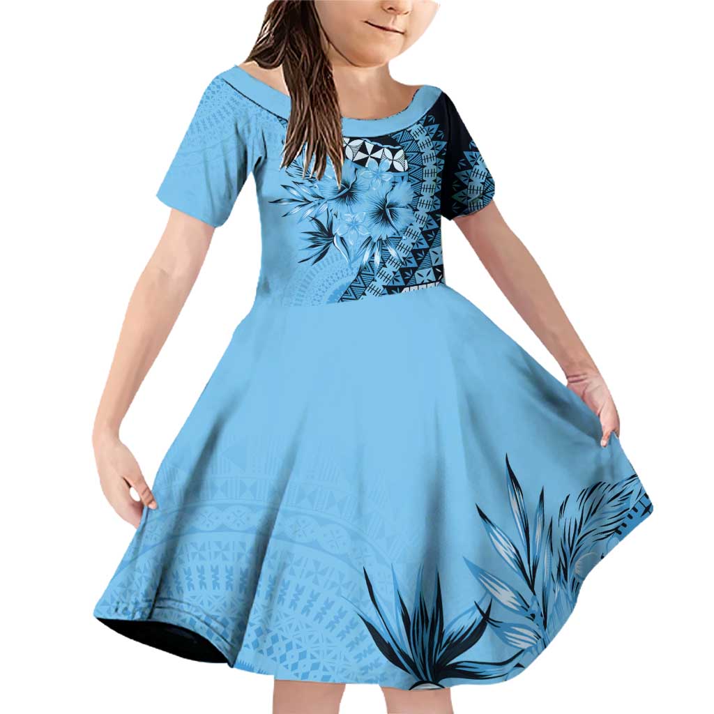 Bula Fiji Family Matching Off Shoulder Short Dress and Hawaiian Shirt Turquoise Kaivity Masi Tapa LT7 Daughter's Dress Turquoise - Polynesian Pride