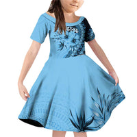 Bula Fiji Family Matching Off Shoulder Short Dress and Hawaiian Shirt Turquoise Kaivity Masi Tapa LT7 Daughter's Dress Turquoise - Polynesian Pride
