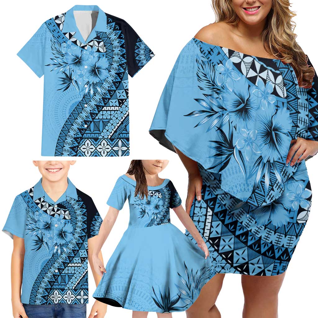 Bula Fiji Family Matching Off Shoulder Short Dress and Hawaiian Shirt Turquoise Kaivity Masi Tapa LT7 - Polynesian Pride