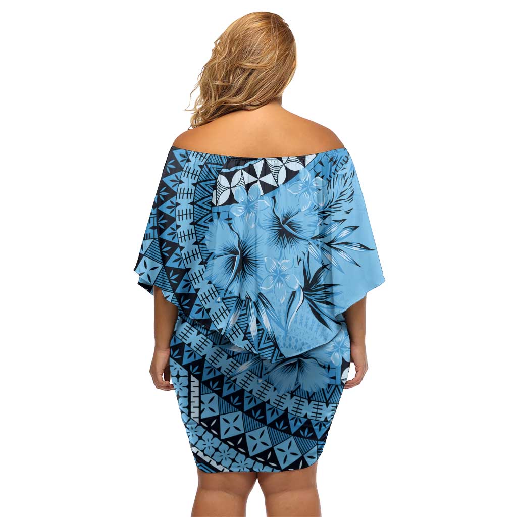 Bula Fiji Family Matching Off Shoulder Short Dress and Hawaiian Shirt Turquoise Kaivity Masi Tapa LT7 - Polynesian Pride