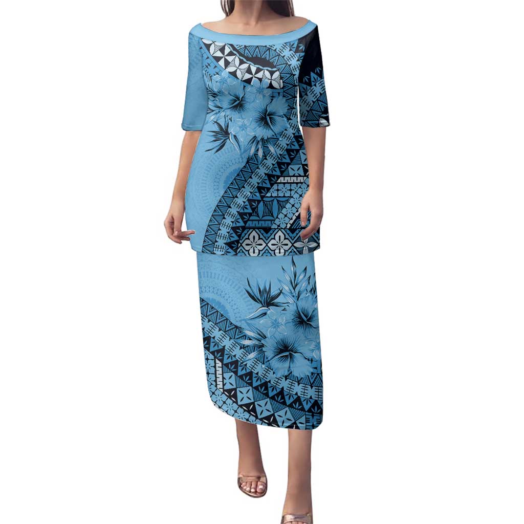 Bula Fiji Family Matching Puletasi and Hawaiian Shirt Turquoise Kaivity Masi Tapa