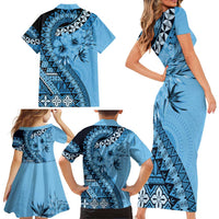 Bula Fiji Family Matching Short Sleeve Bodycon Dress and Hawaiian Shirt Turquoise Kaivity Masi Tapa LT7 - Polynesian Pride