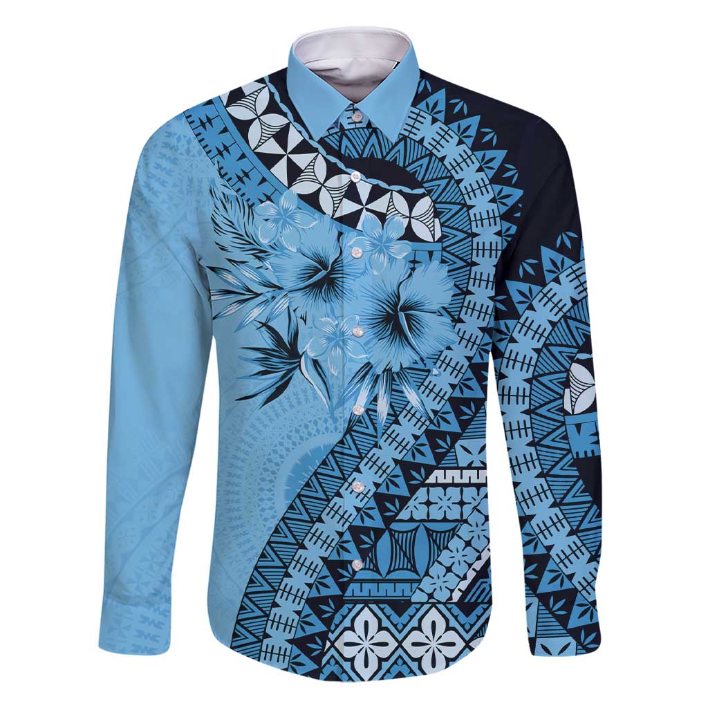 Bula Fiji Family Matching Short Sleeve Bodycon Dress and Hawaiian Shirt Turquoise Kaivity Masi Tapa LT7 Dad's Shirt - Long Sleeve Turquoise - Polynesian Pride