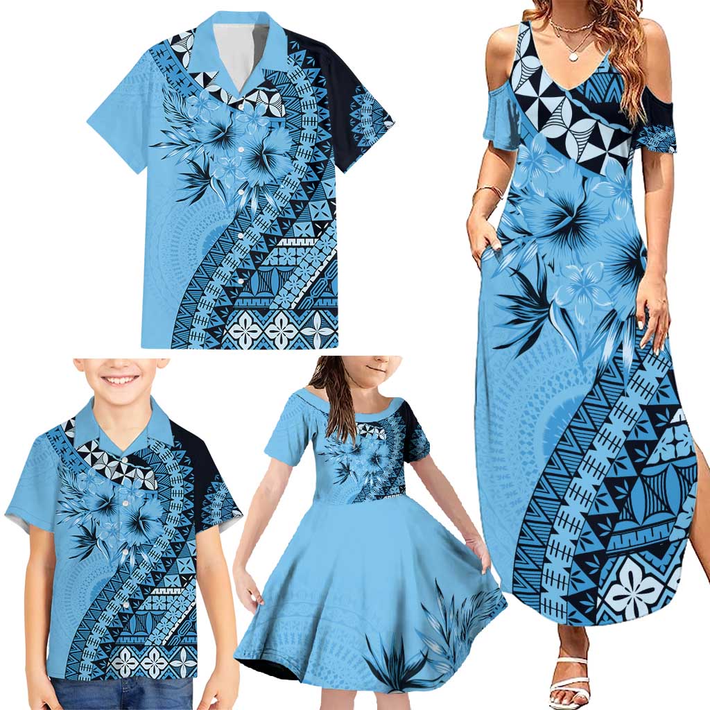 Bula Fiji Family Matching Summer Maxi Dress and Hawaiian Shirt Turquoise Kaivity Masi Tapa LT7 - Polynesian Pride