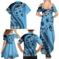 Bula Fiji Family Matching Summer Maxi Dress and Hawaiian Shirt Turquoise Kaivity Masi Tapa LT7 - Polynesian Pride