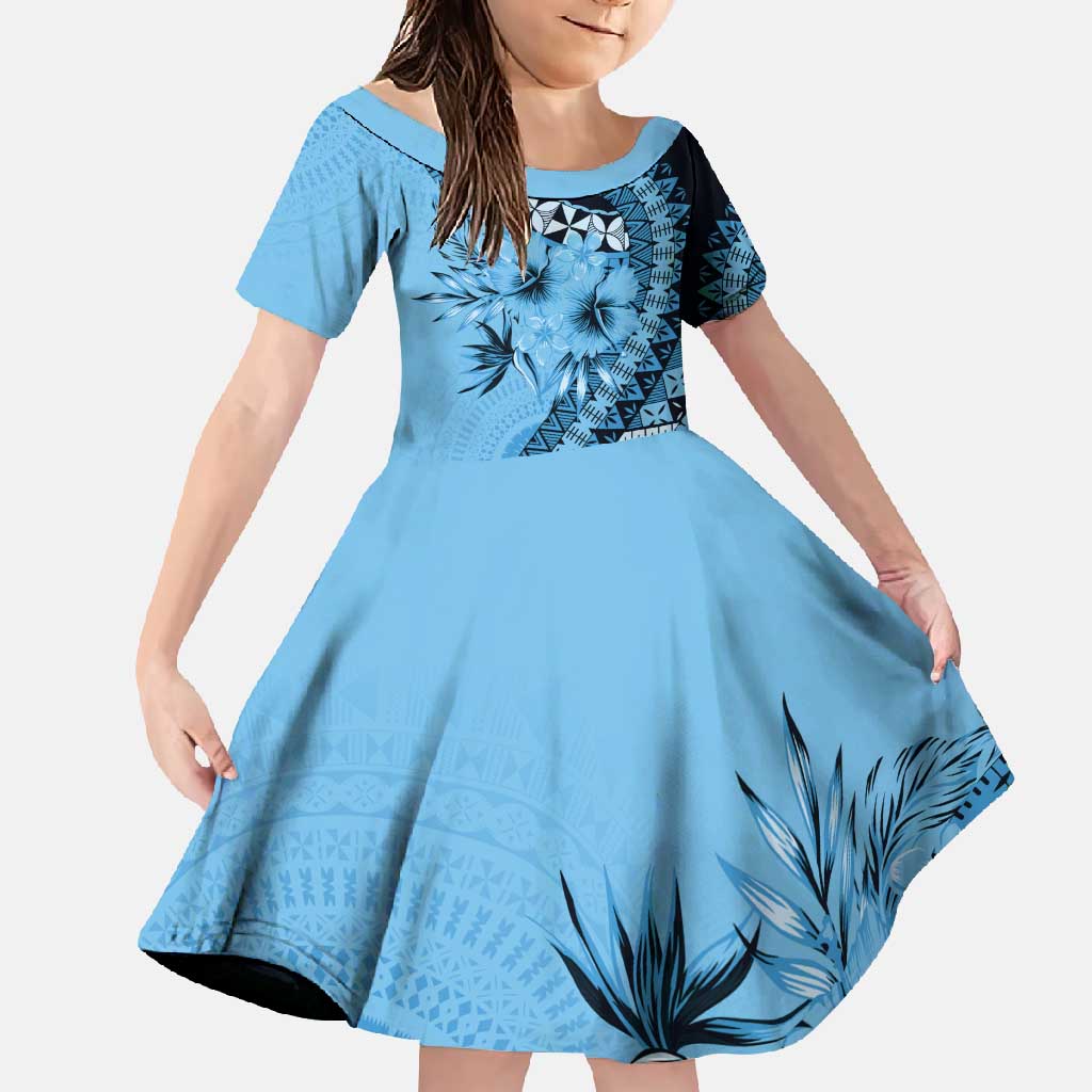 Bula Fiji Family Matching Tank Maxi Dress and Hawaiian Shirt Turquoise Kaivity Masi Tapa LT7 Daughter's Dress Turquoise - Polynesian Pride