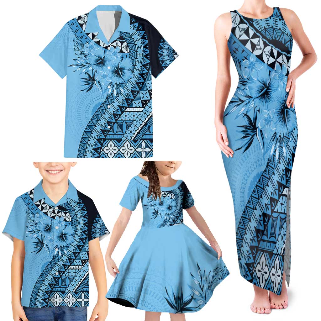 Bula Fiji Family Matching Tank Maxi Dress and Hawaiian Shirt Turquoise Kaivity Masi Tapa