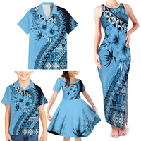Bula Fiji Family Matching Tank Maxi Dress and Hawaiian Shirt Turquoise Kaivity Masi Tapa LT7 - Polynesian Pride