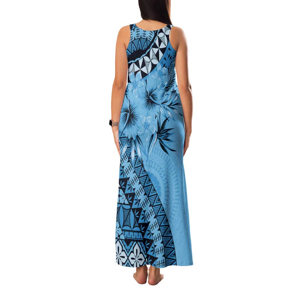 Bula Fiji Family Matching Tank Maxi Dress and Hawaiian Shirt Turquoise Kaivity Masi Tapa LT7 - Polynesian Pride