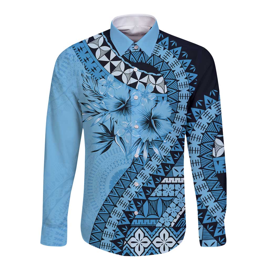 Bula Fiji Long Sleeve Button Shirt Turquoise Kaivity Masi Tapa