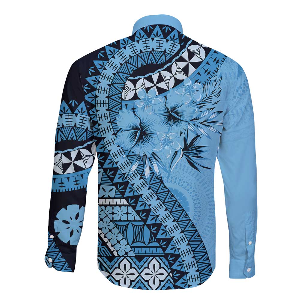 Bula Fiji Long Sleeve Button Shirt Turquoise Kaivity Masi Tapa