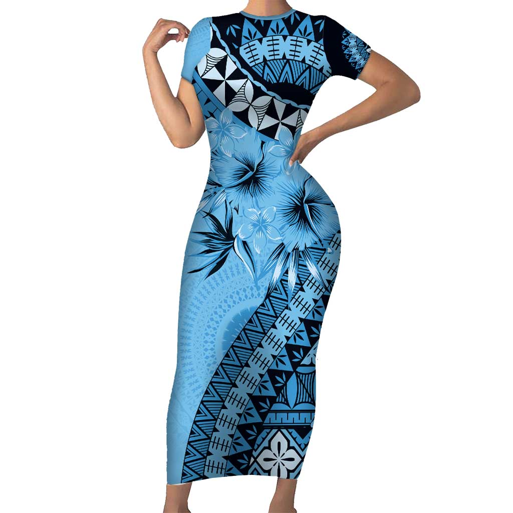 Bula Fiji Short Sleeve Bodycon Dress Turquoise Kaivity Masi Tapa