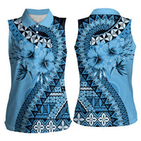 Bula Fiji Women Sleeveless Polo Shirt Turquoise Kaivity Masi Tapa