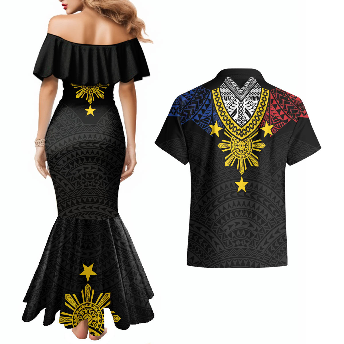 Philippines Heritage Baybayin Mix Polynesian Couples Matching Mermaid Dress and Hawaiian Shirt
