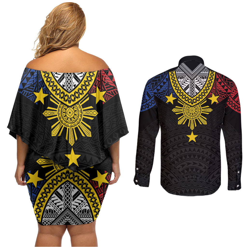 Philippines Heritage Baybayin Mix Polynesian Couples Matching Off Shoulder Short Dress and Long Sleeve Button Shirt